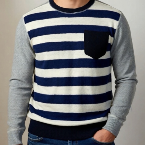 Scotch & Soda Sweater Mens Size Large Blue Gray Striped Wool Blend Crew Neck Pre - Picture 1 of 10